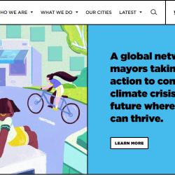 half of the picture is a drawing of people out enjoying a city space, and the right hand states "a global network of mayors taking urgent action to confront the climate crisis and create a future where everyone can thrive"