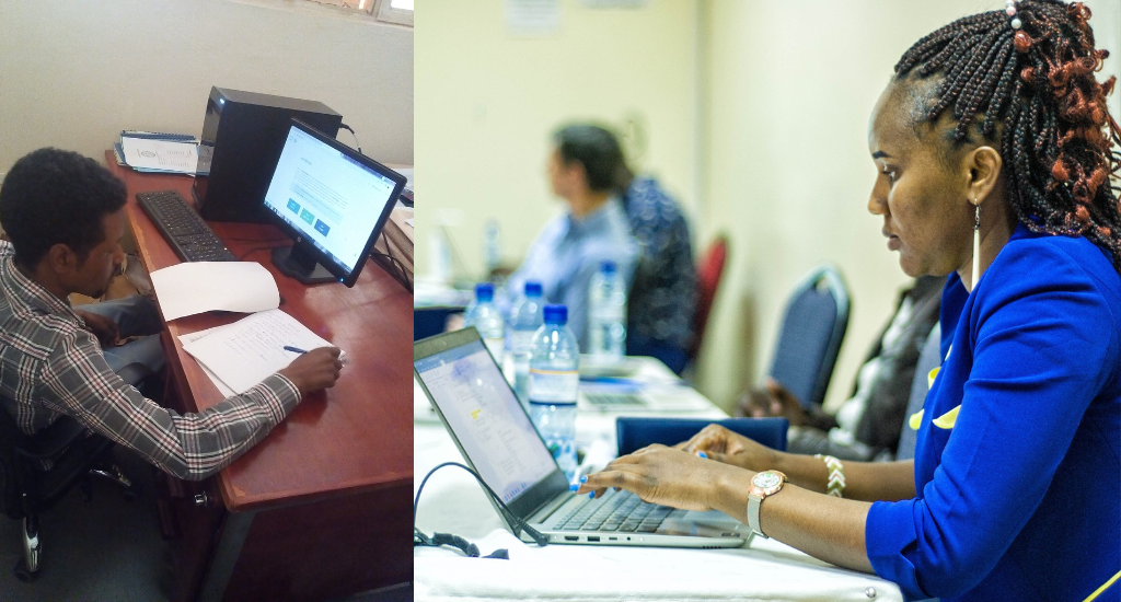 A collage of two images, on the left an Ethiopian man with a laptop taking notes, on the right a Kenyan Woman typing on her laptop
