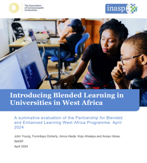 A picture of two people looking at a computer screen. Underneath in white on a blue background is 'Introducing Blended Learning in Universities in West Africa'.