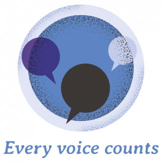 1 purple speech bubble on the left, 1 black speech bubble in the middle, and 1 white speech bubble on the right all on a dark blue circular background.