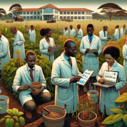 an illustrated image created by AI showing researchers in a field looking at data and computers