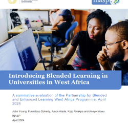 A picture of two people looking at a computer screen. Underneath in white on a blue background is 'Introducing Blended Learning in Universities in West Africa'. 