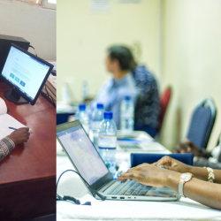 A collage of two images, on the left an Ethiopian man with a laptop taking notes, on the right a Kenyan Woman typing on her laptop