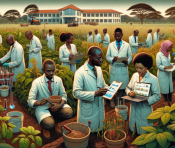 an illustrated image created by AI showing researchers in a field looking at data and computers